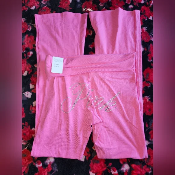 VS PINK Carmine Rose Bling Foldover Flare Leggings Size XXL NWT - Picture 4 of 10